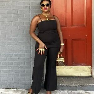 Black Halo Jaslyn Jumpsuit Adjustable Straps Wide Leg in Black Crepe Size 16